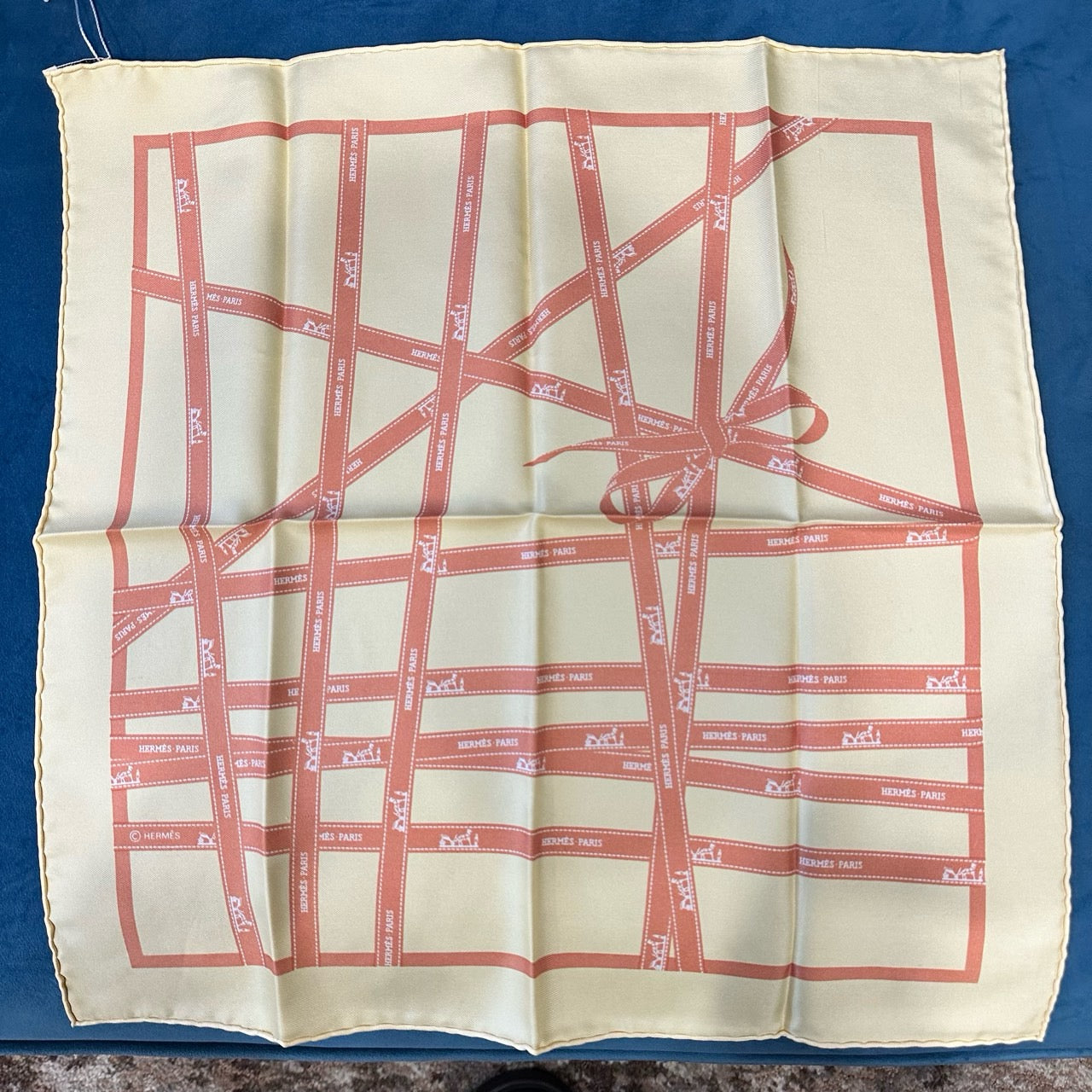 HERMES, Hermes, Scarf, Yellow, Hermes scarf, beige with red straps, square scarf