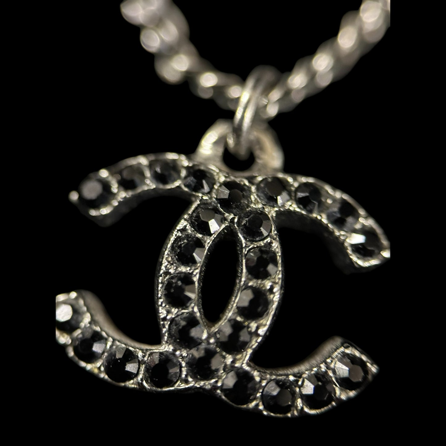 CHANEL Silver Alloy Black Pave Crystal Double CC Pendant Necklace