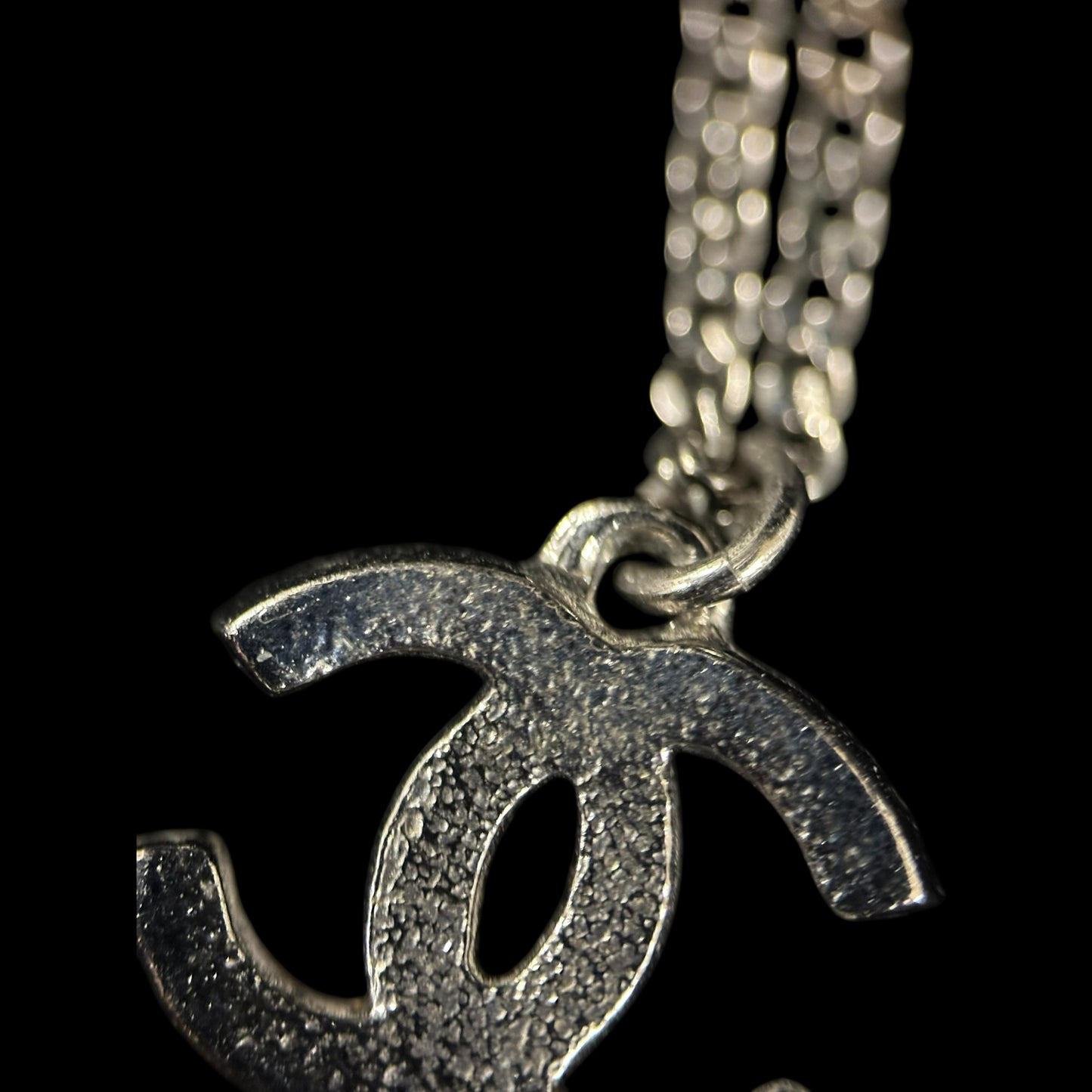 CHANEL Silver Alloy Black Pave Crystal Double CC Pendant Necklace