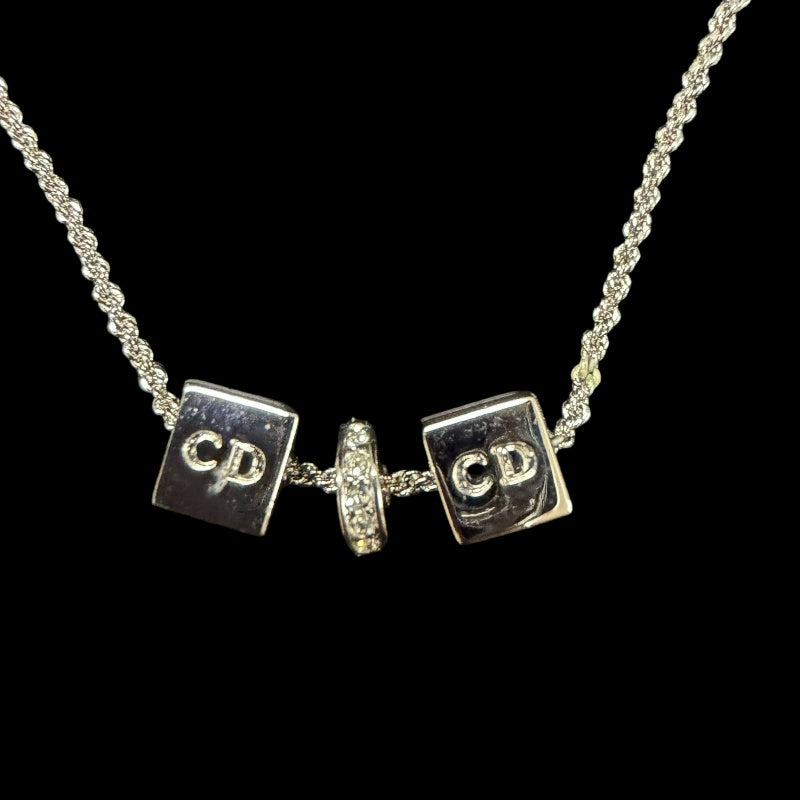 CHRISTIAN DIOR Mini Perfume Bottle Charm Necklace Accessory Gold Tone Metal Full Rhinestone Inlay Thin Chain Elegant with Original Box