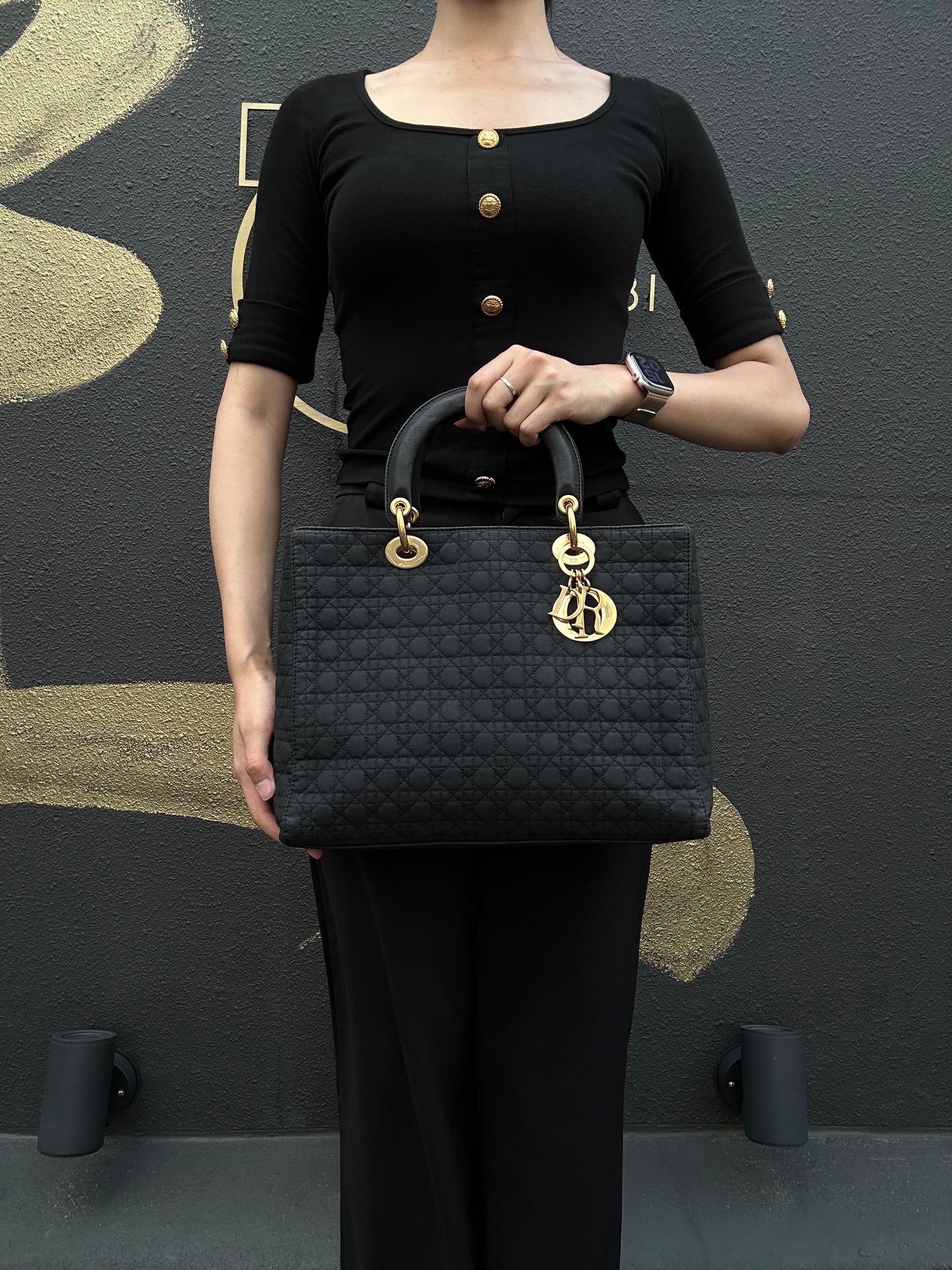 Christian Dior Lady Dior Large Handbag Cannage Nylon Black Gold Hardware