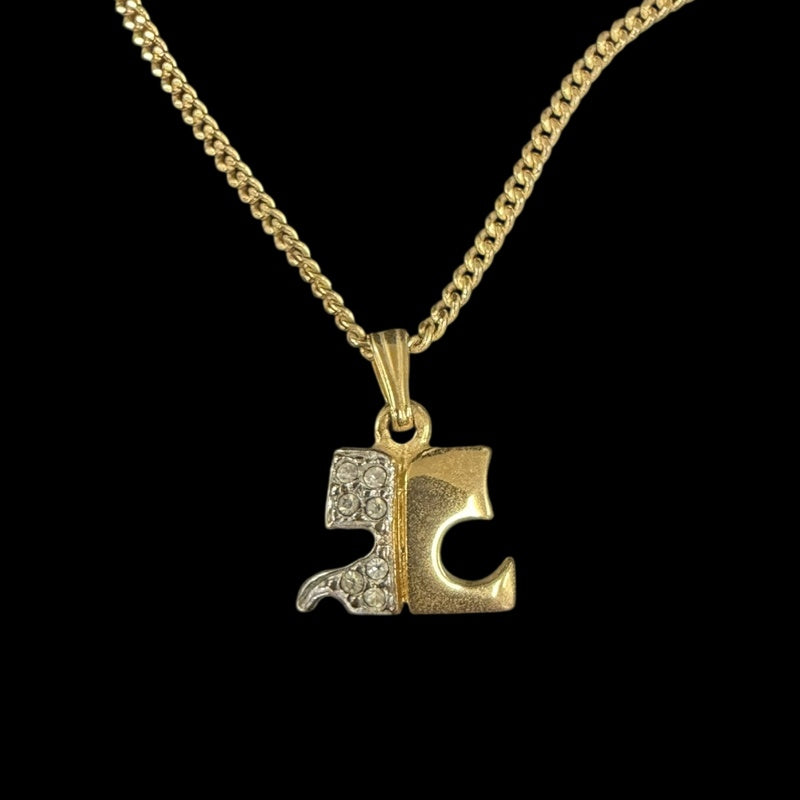 COURREGES Gold Alloy Initial Pendant Rhinestone Necklace