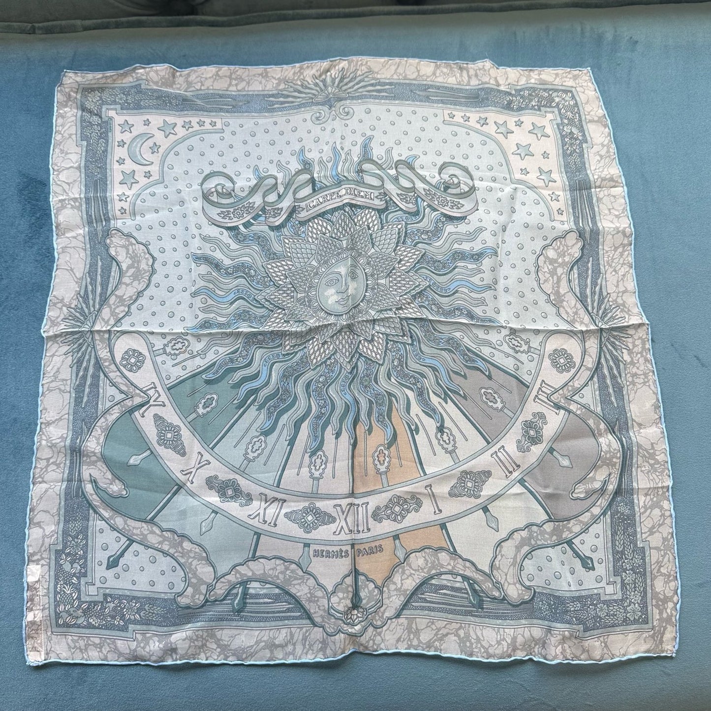 HERMES,  Handkerchief, Blue, Hermes silk scarf, gray sun god pattern