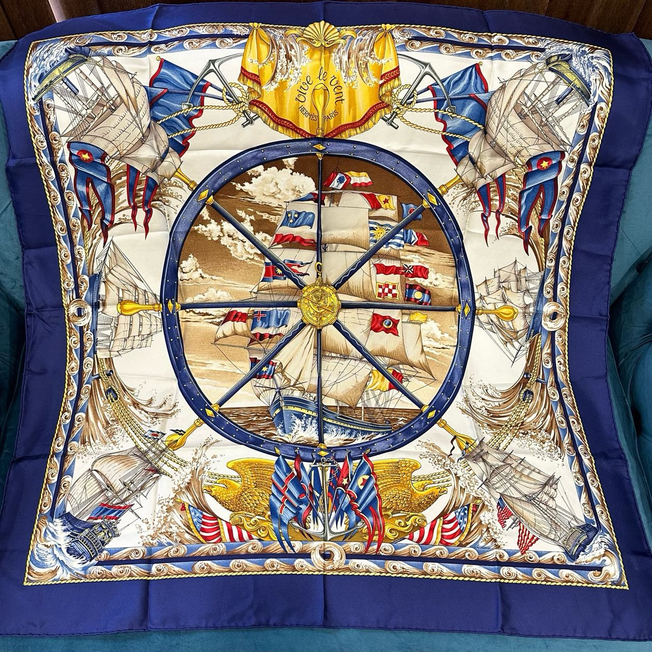 HERMES, Hermes, Scarf, With tag, Blue, Hermes silk scarf, dark blue sailboat pattern