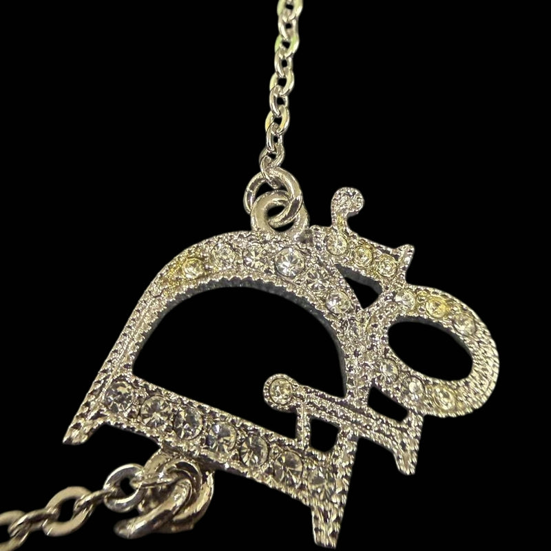 DIOR Dior Logo Pendant Necklace Rhinestone Silver Alloy Hardware
