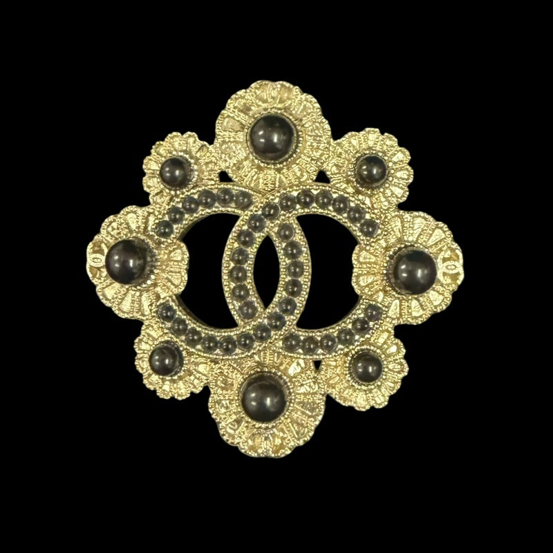 CHANEL CC Logo Brooch Accessory Gold Tone Metal Black Pearl Full Stone Inlay Vintage Elegant Design