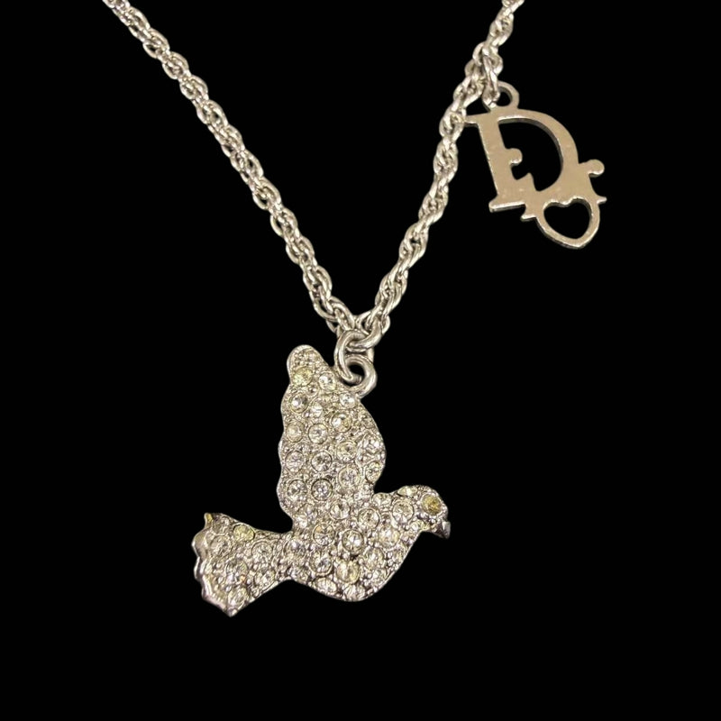 DIOR Dove Motif Pendant Necklace Rhinestone Silver Alloy Hardware