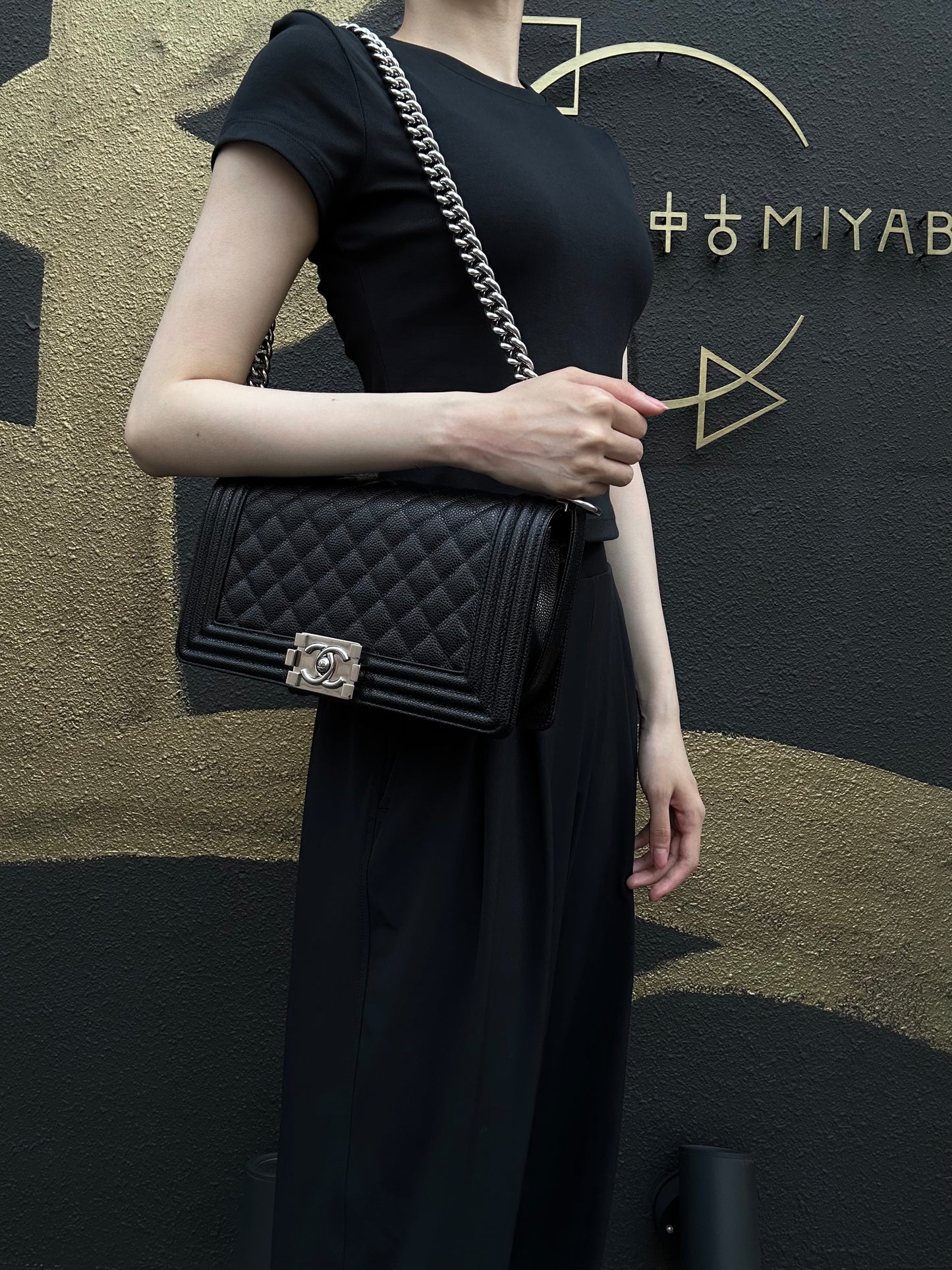 CHANEL Boy Leboy Matelasse Caviar Shoulder Bag Black Silver Hardware
