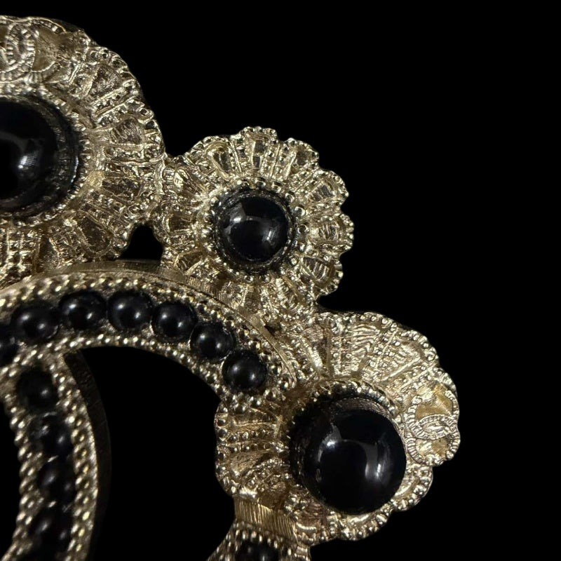 CHANEL CC Logo Brooch Accessory Gold Tone Metal Black Pearl Full Stone Inlay Vintage Elegant Design
