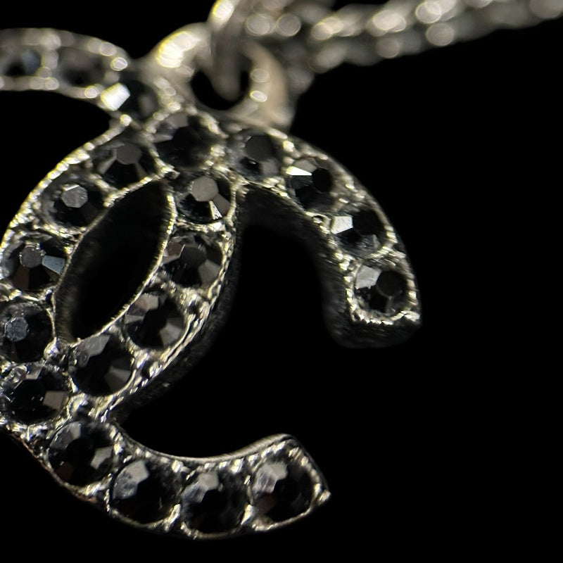 CHANEL Silver Alloy Black Pave Crystal Double CC Pendant Necklace