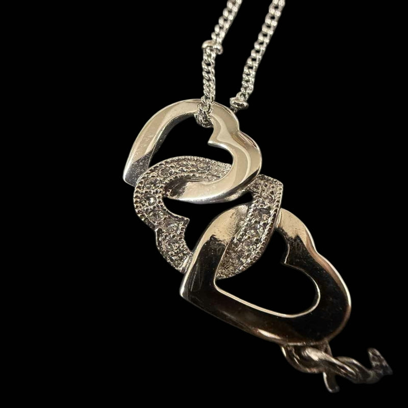 DIOR Heart CD Logo Pendant Necklace Rhinestone 925 Sterling Silver