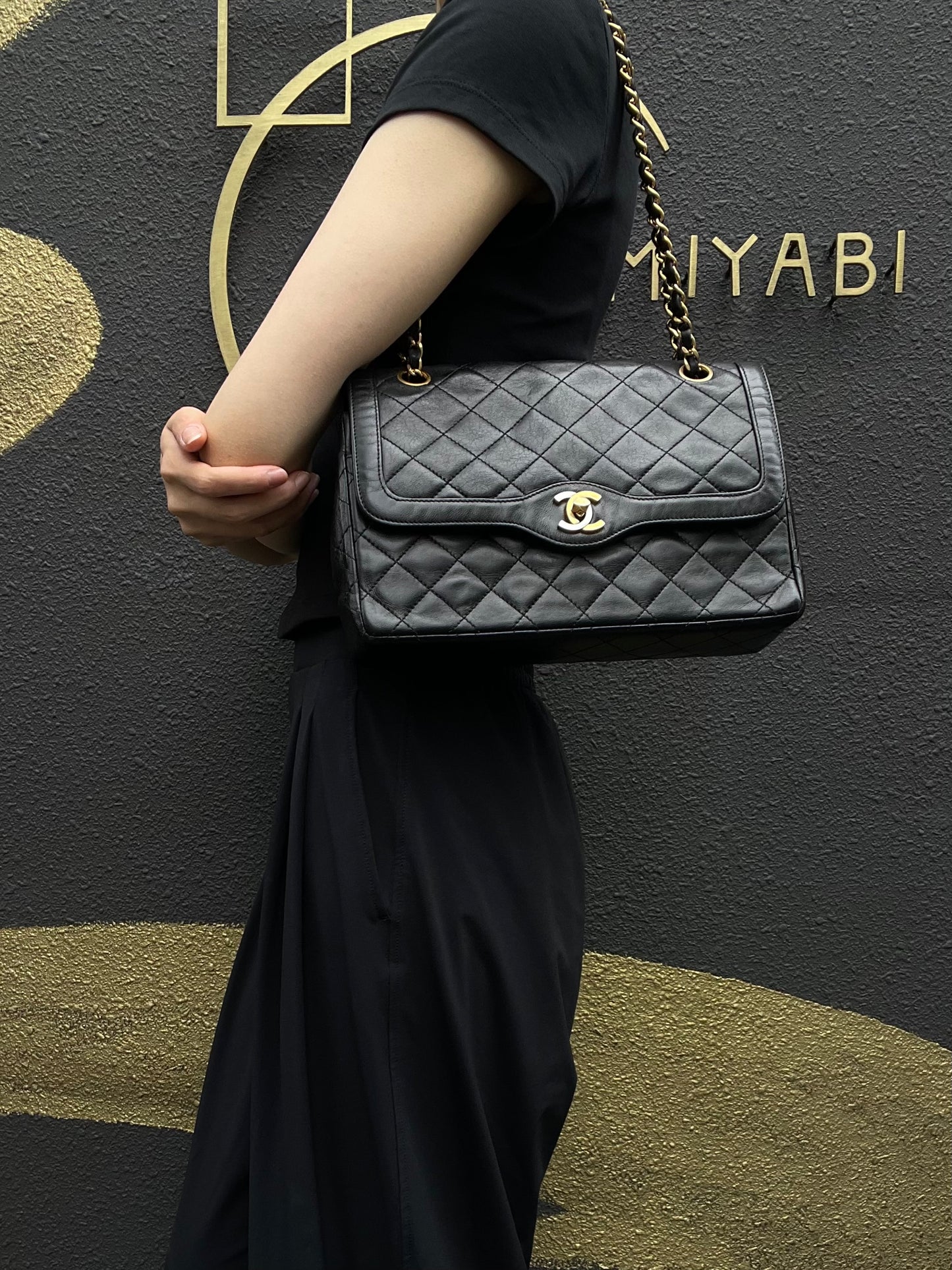 CHANEL Paris Limited Edition Matelasse Lambskin Flap Crossbody Bag Black Gold Hardware