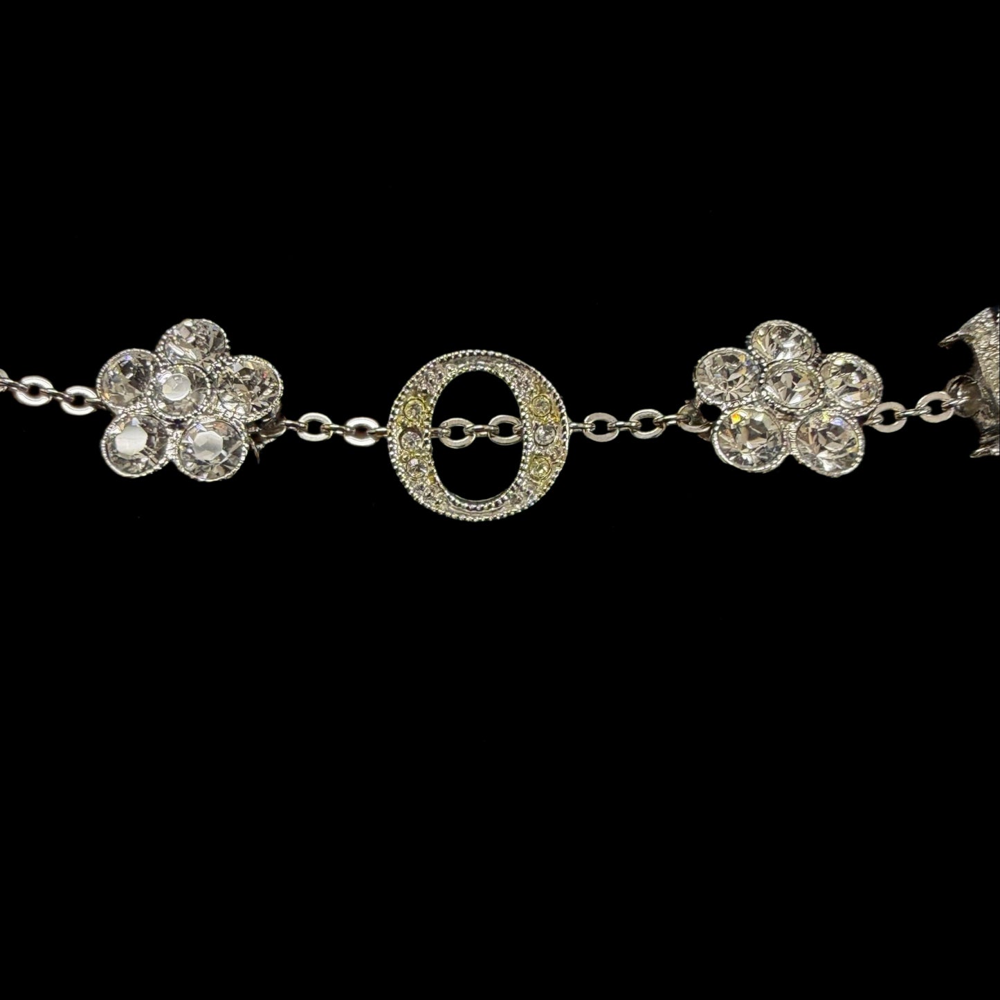 CHRISTIAN DIOR Flower & Letter Crystal Inlay Necklace Gold Tone Metal Thin Chain Adjustable Clasp Elegant Cute Design Full Set with Original Box and Dust Bag