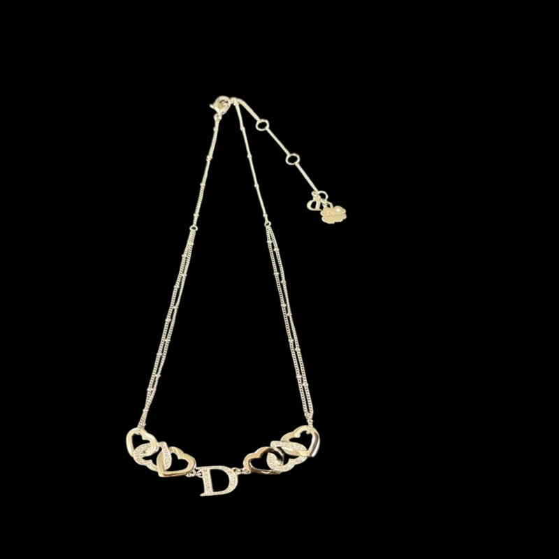 DIOR Heart CD Logo Pendant Necklace Rhinestone 925 Sterling Silver