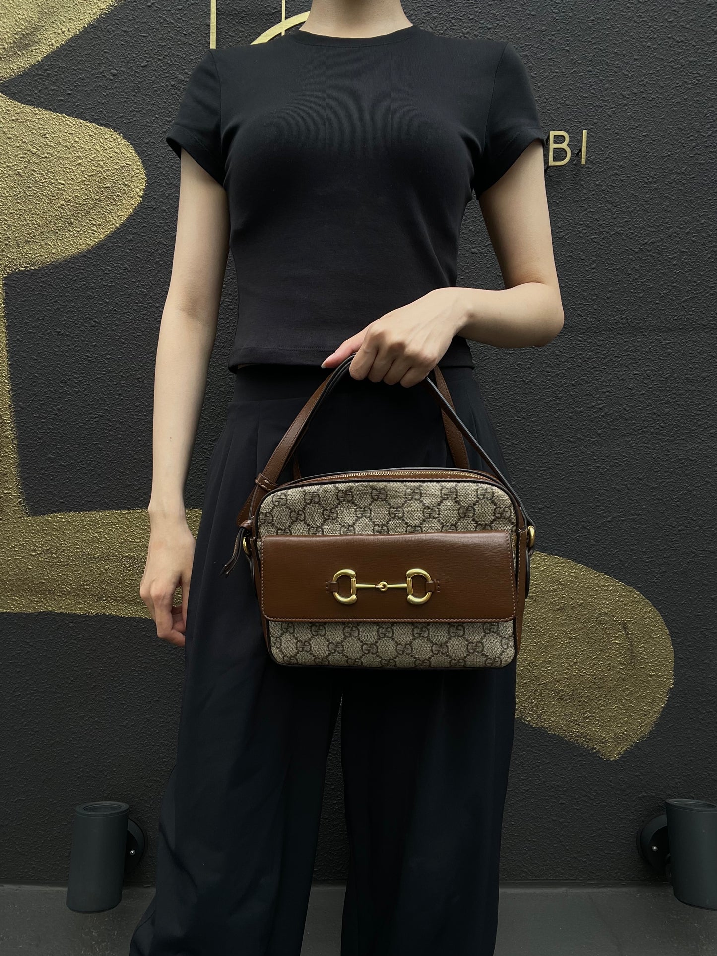 GUCCI GG Supreme Horsebit PVC Shoulder Bag Brown Gold-Tone Hardware