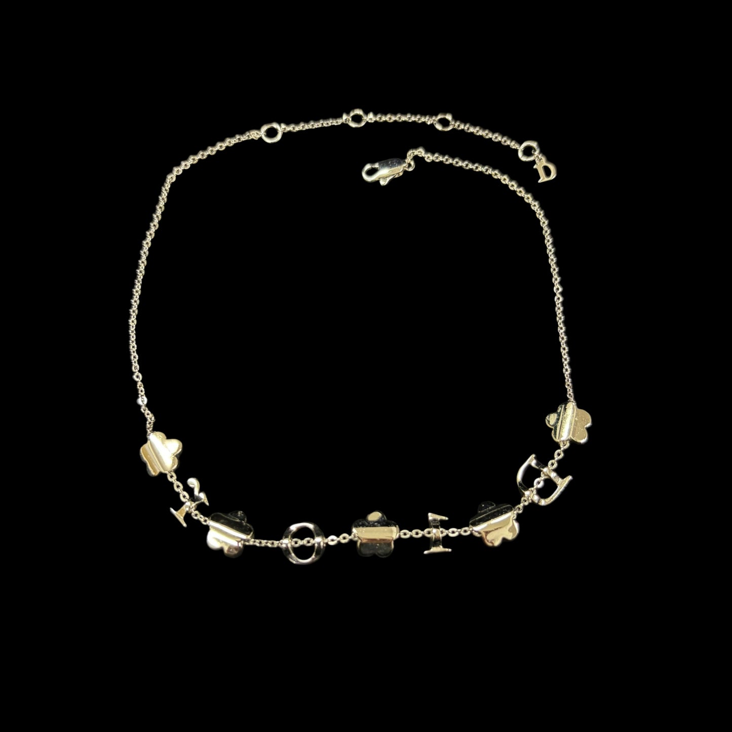 CHRISTIAN DIOR Flower & Letter Crystal Inlay Necklace Gold Tone Metal Thin Chain Adjustable Clasp Elegant Cute Design Full Set with Original Box and Dust Bag