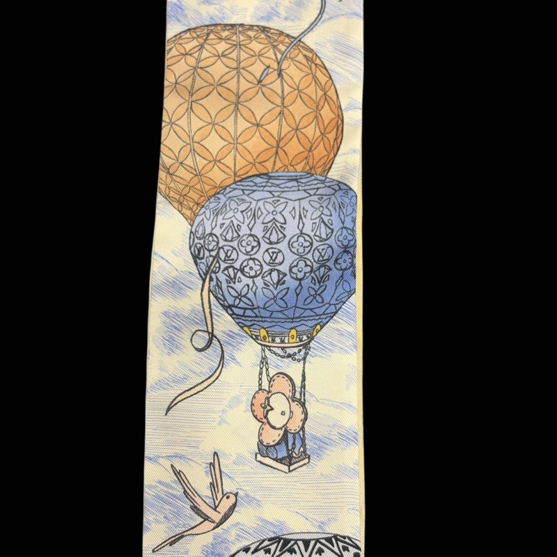 LOUIS VUITTON White & Blue Hot Air Balloon And Bird Pattern Silk Scarf