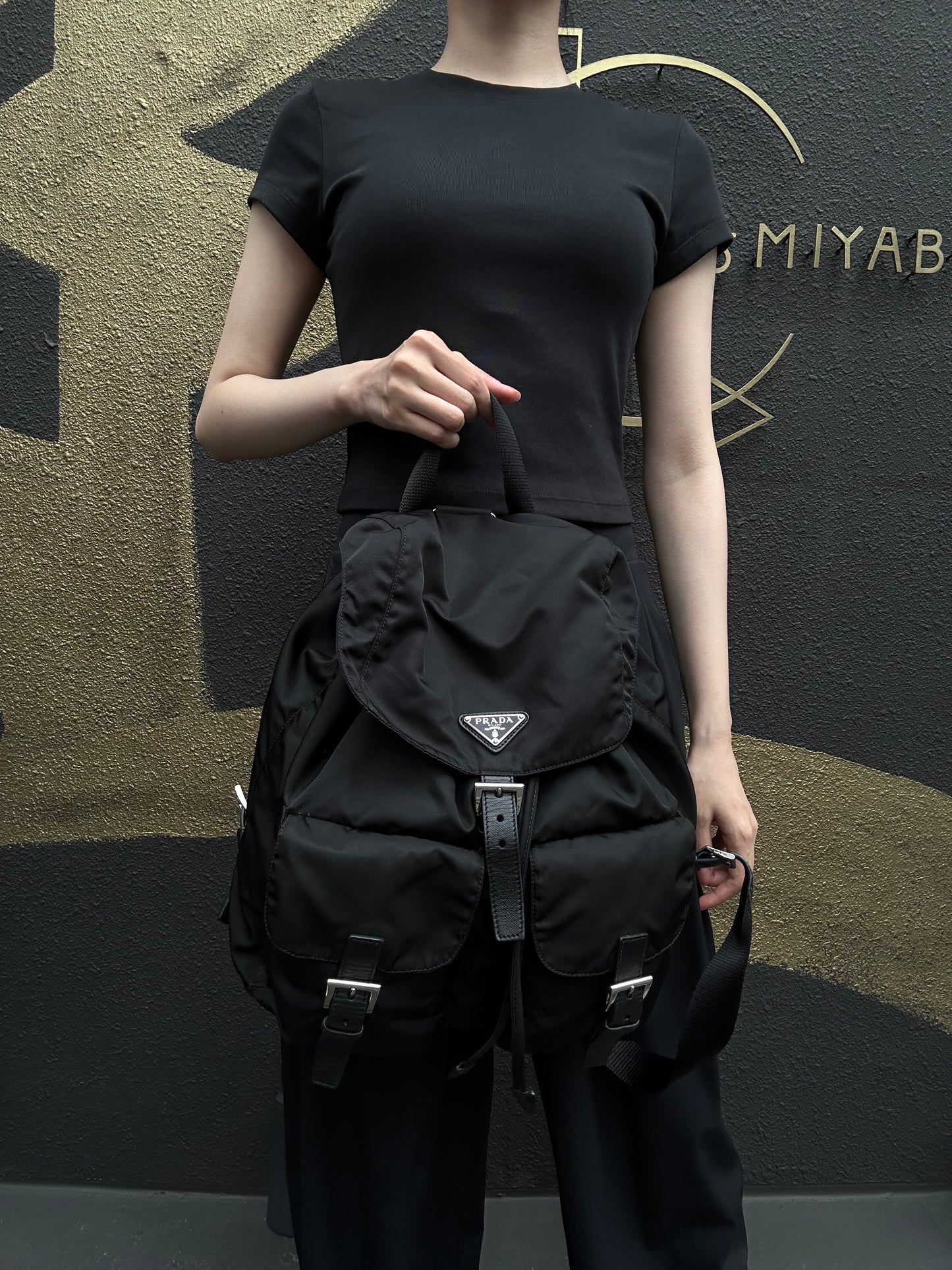 PRADA Flap Drawstring Backpack Nylon Black Silver Hardware