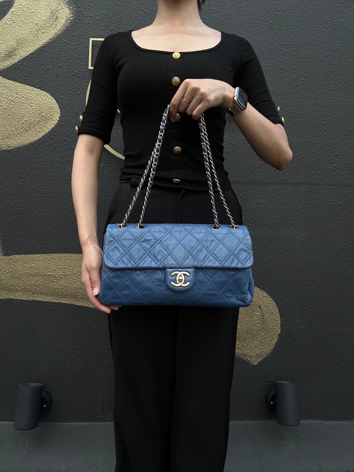 CHANEL Vintage Matelasse Calfskin Flap Shoulder Bag Blue Gold Hardware