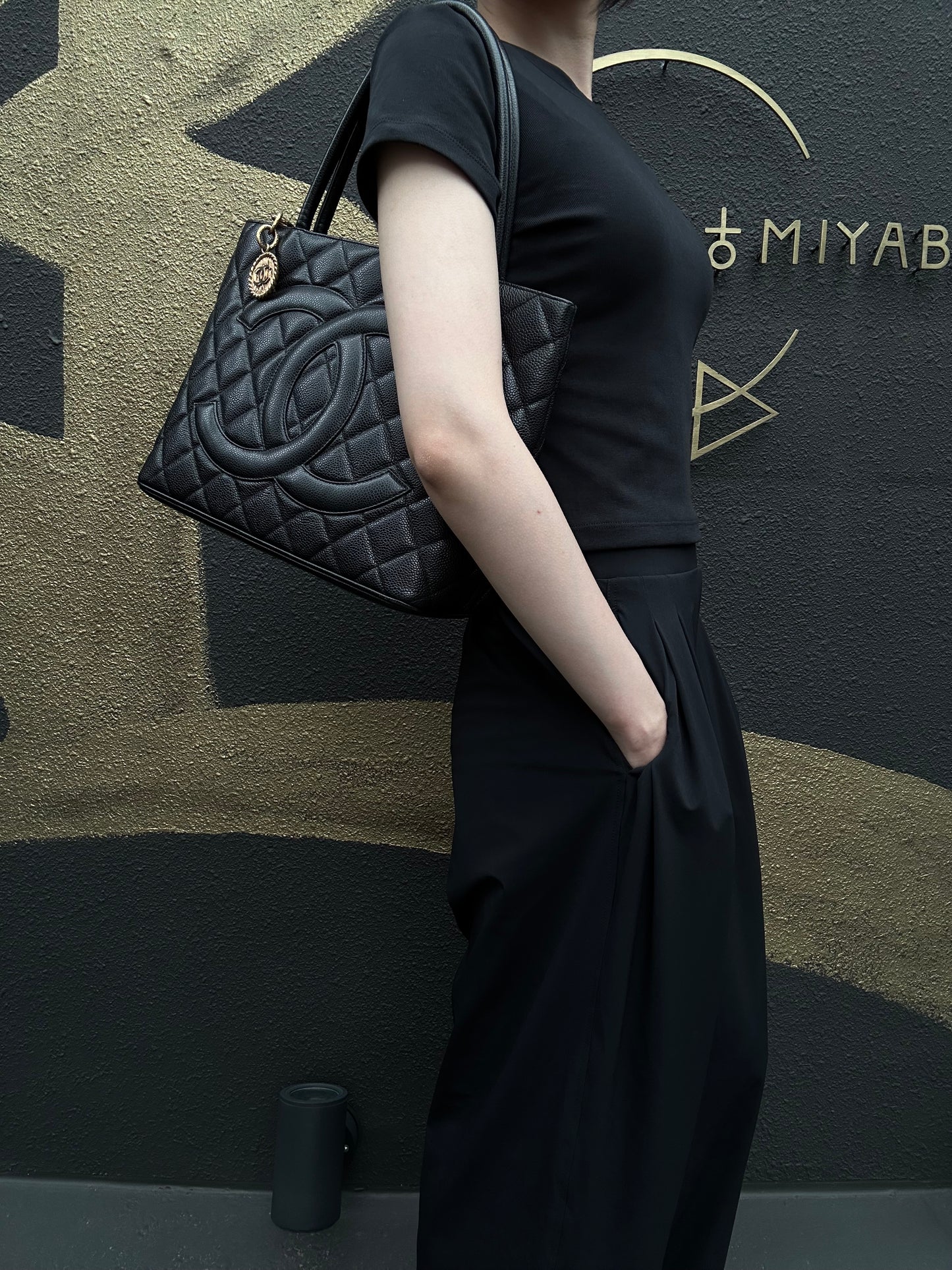 CHANEL Vintage Caviar Leather Hilton Tote Bag Black Gold Hardware With Gold Tag