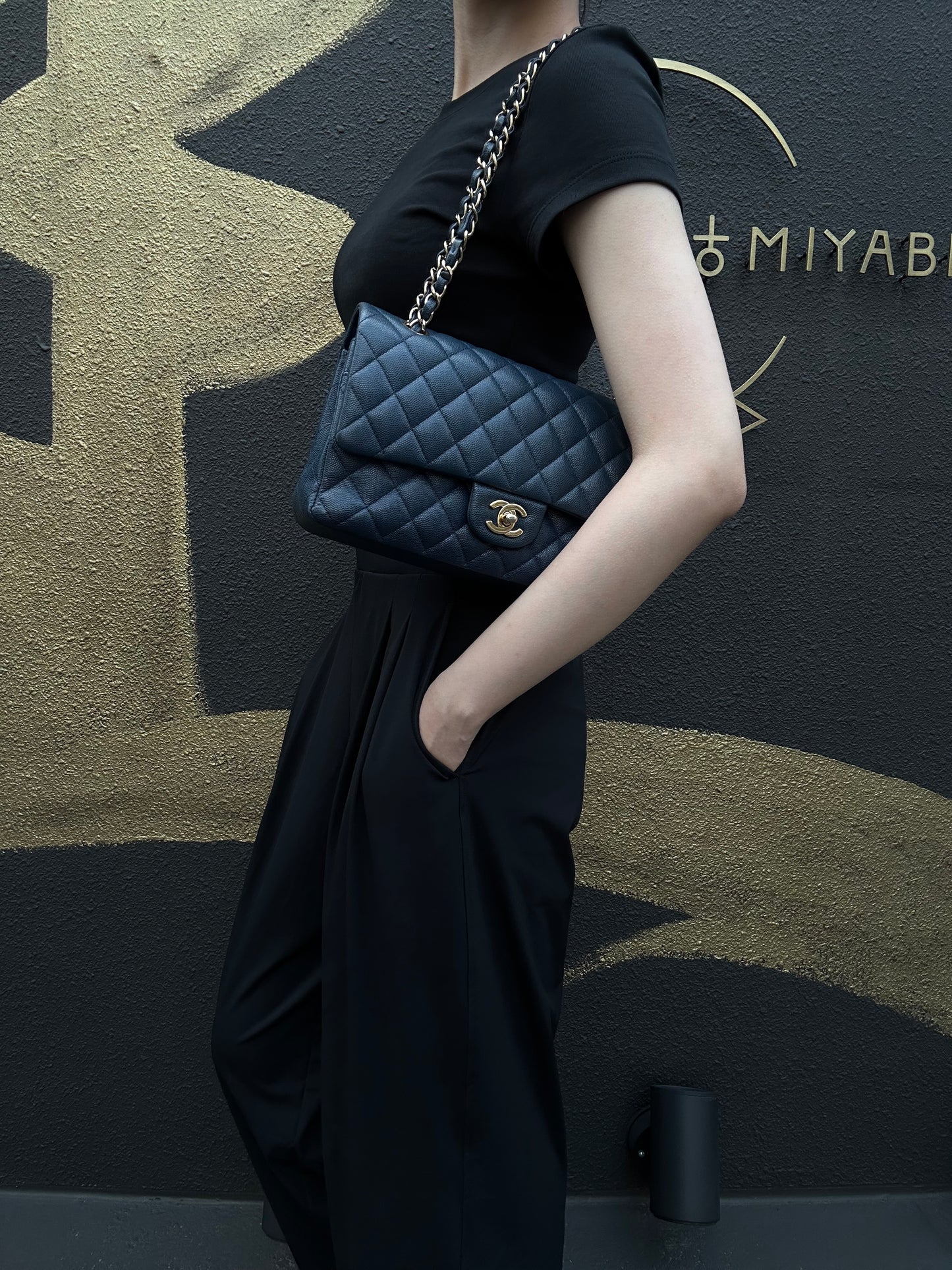 CHANEL Classic Flap Matelasse Caviar Shoulder Bag Navy Blue Gold Hardware With Authenticity Card