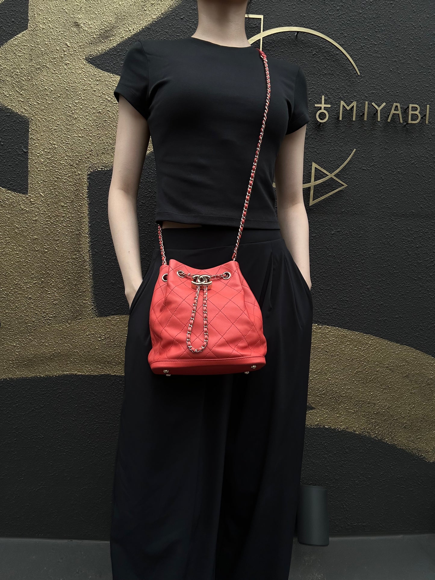 CHANEL Matelasse Caviar Leather Drawstring Bucket Shoulder Bag Orange Gold-Tone Hardware