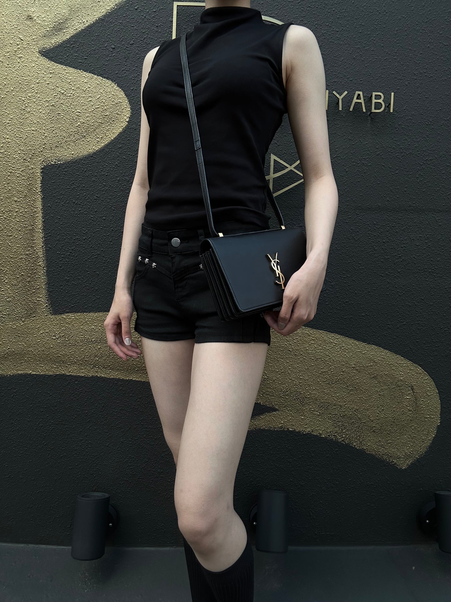 YVES SAINT LAURENT YSL Calfskin Flap Accordion Crossbody Bag Black Gold Hardware