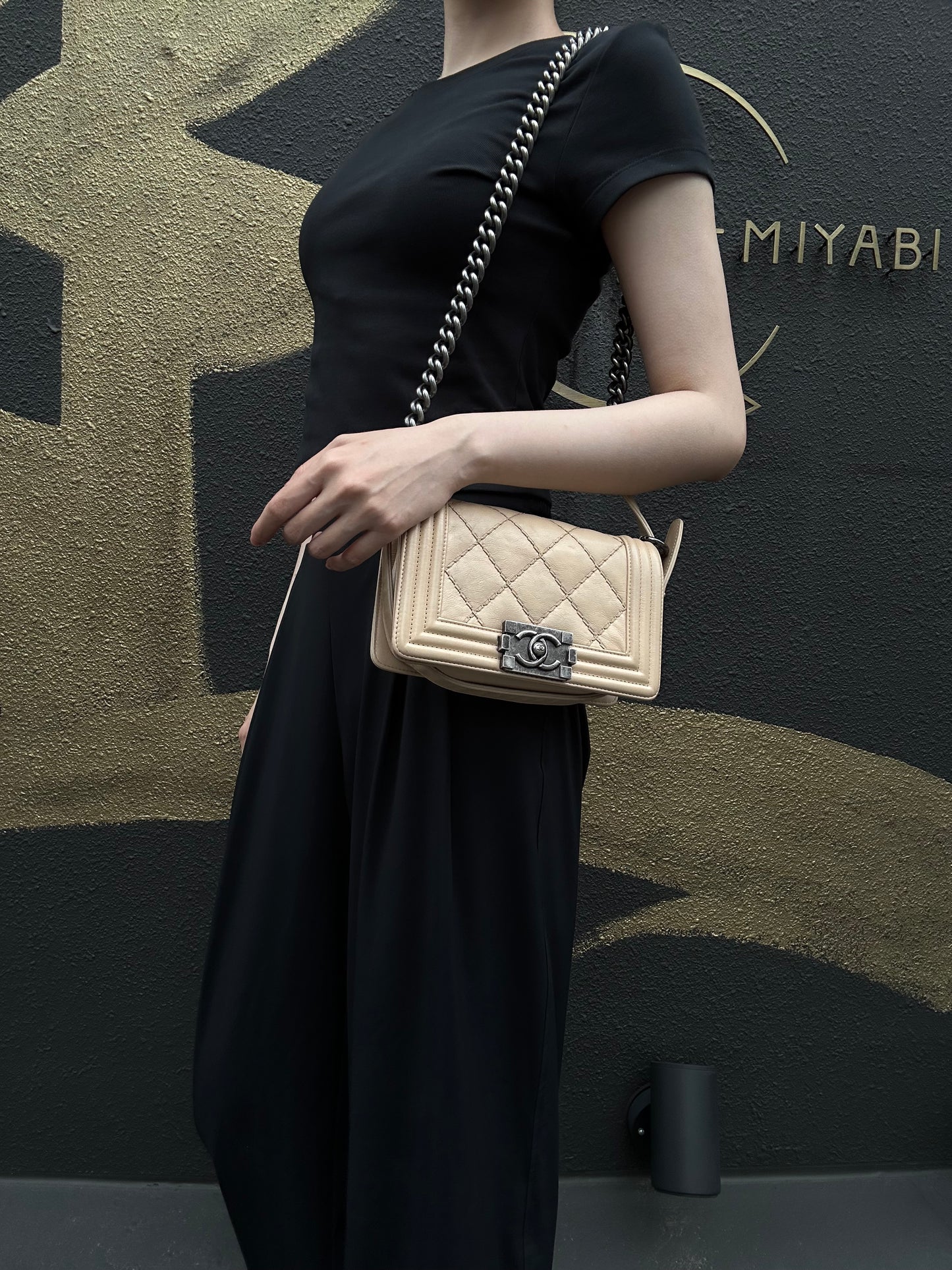 CHANEL Boy Leboy Shoulder Bag Calfskin Beige Silver Hardware