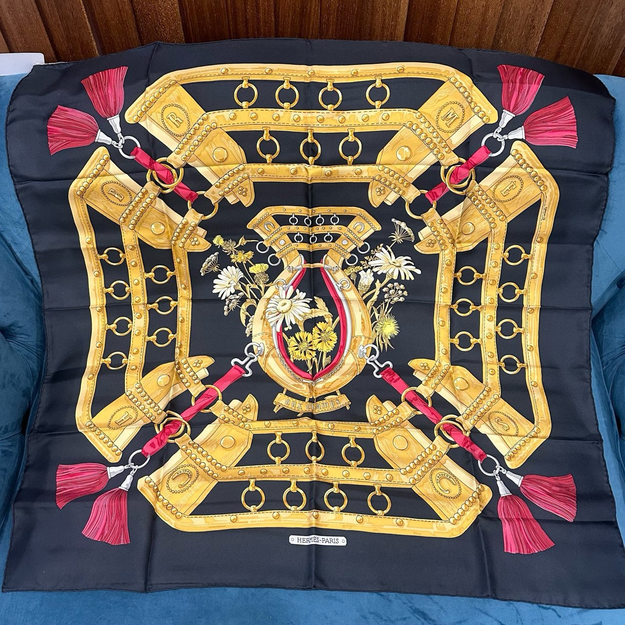 HERMES, Hermes, Scarf, With tag, Black, With box, Hermes black silk scarf with yellow vase and tassel pattern