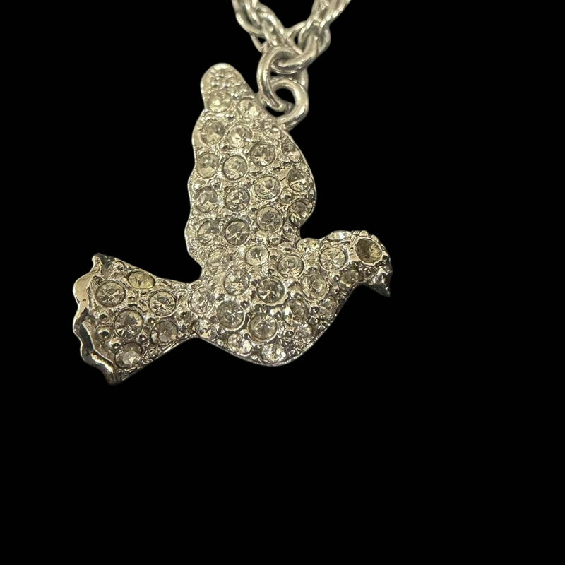 DIOR Dove Motif Pendant Necklace Rhinestone Silver Alloy Hardware