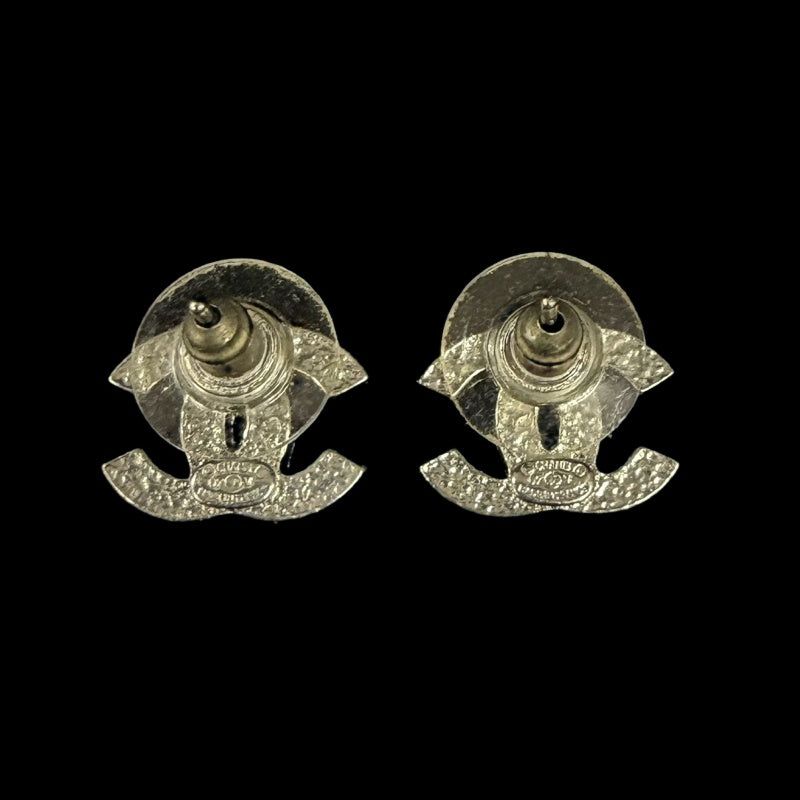 CHANEL CC Logo Earrings Pair Accessory Silver Metal Full Rhinestone Inlay Small Elegant Classic Design