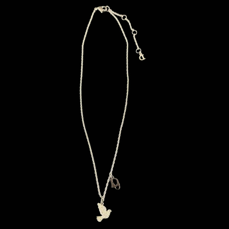 DIOR Dove Motif Pendant Necklace Rhinestone Silver Alloy Hardware