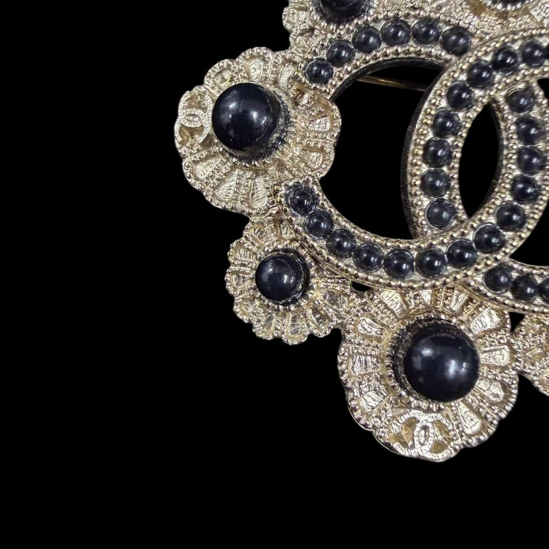CHANEL CC Logo Brooch Accessory Gold Tone Metal Black Pearl Full Stone Inlay Vintage Elegant Design