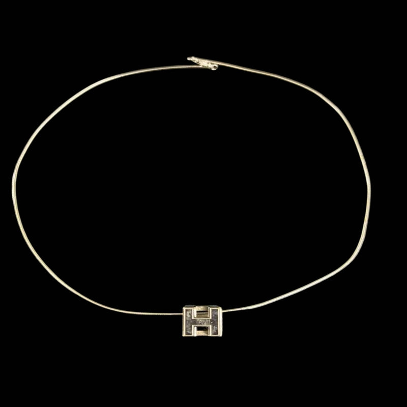 HERMES Cage d'Asche H Cube Pendant Necklace Light Blue Silver Alloy Hardware