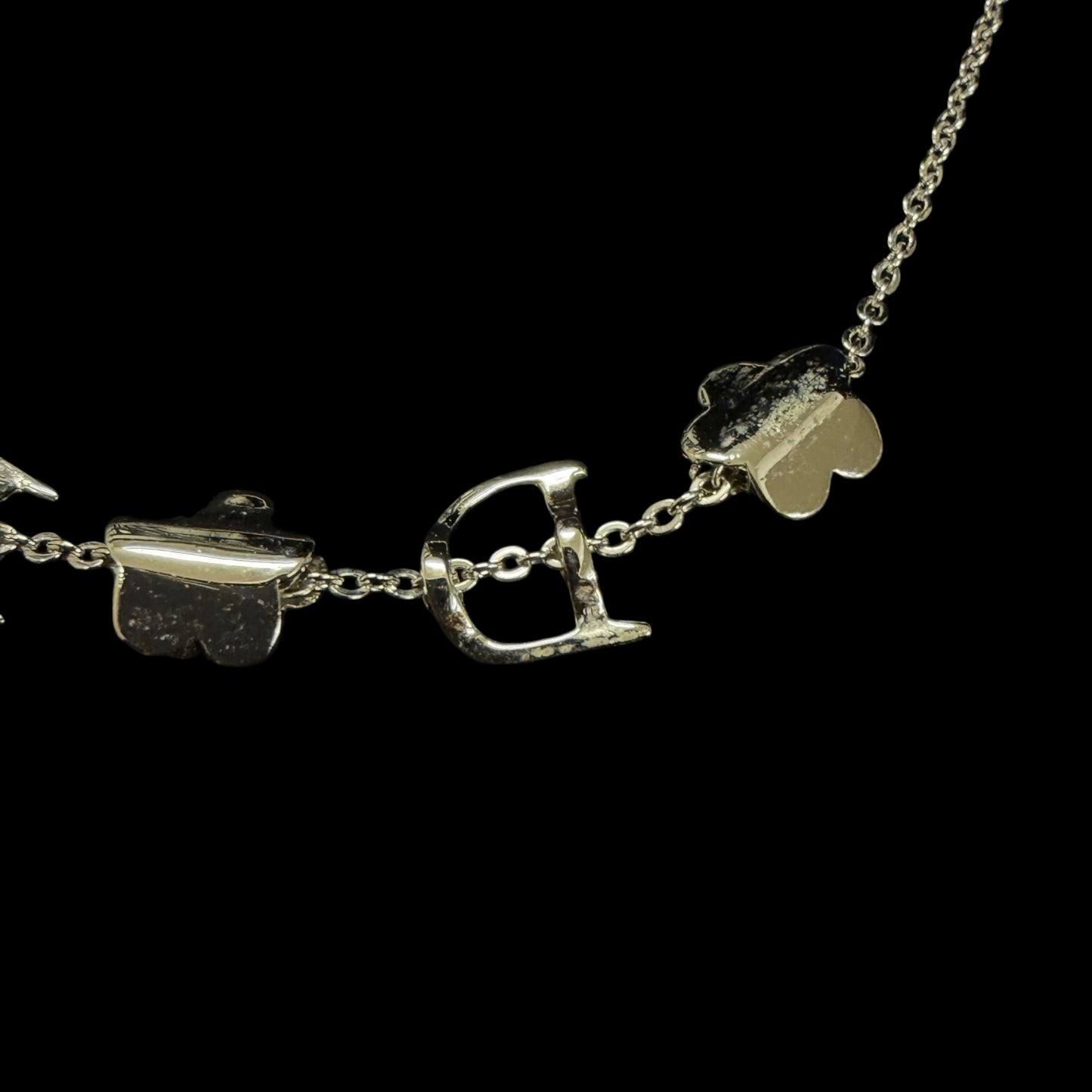 CHRISTIAN DIOR Flower & Letter Crystal Inlay Necklace Gold Tone Metal Thin Chain Adjustable Clasp Elegant Cute Design Full Set with Original Box and Dust Bag