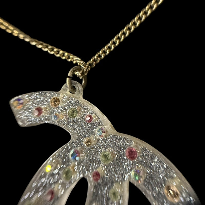 CHANEL CC Logo Necklace Accessory Gold Metal Chain Multi-color Rhinestone Large Pendant Retro Glam Design