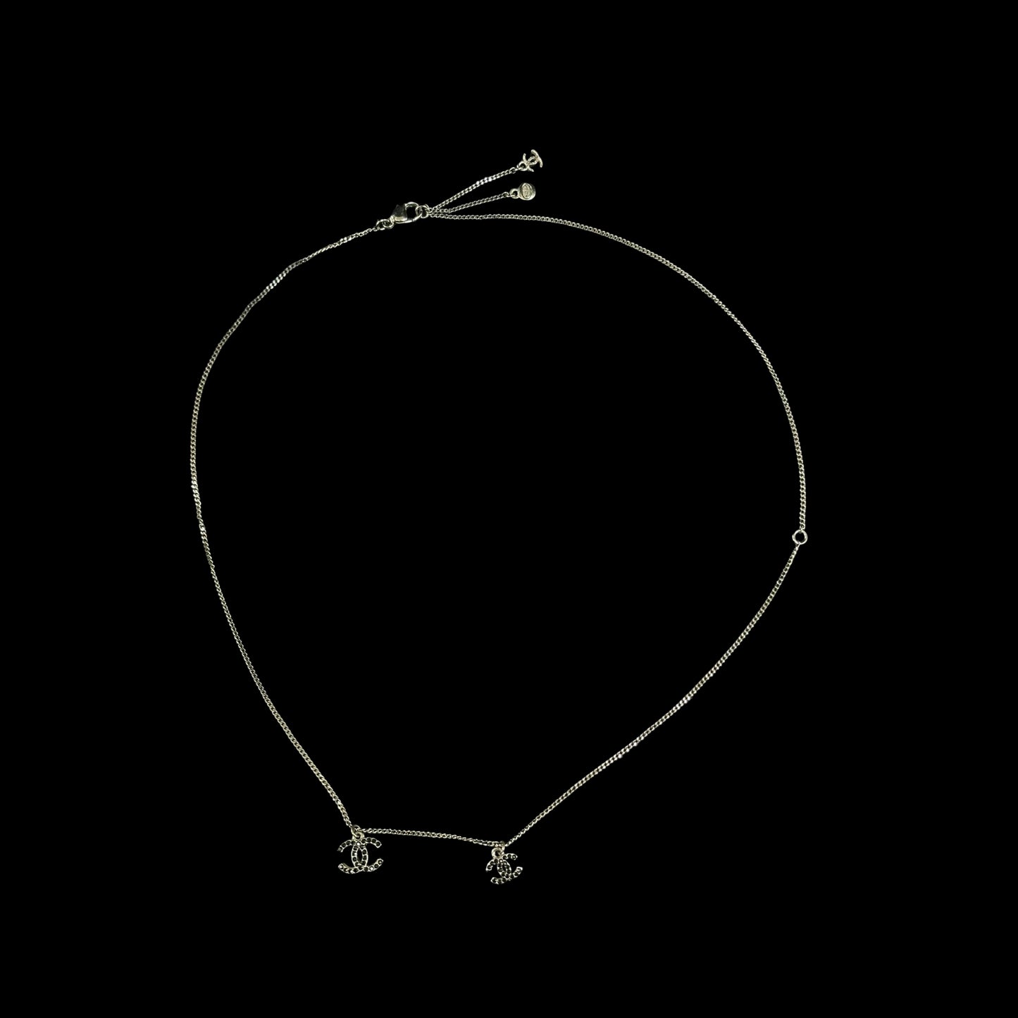CHANEL Silver Alloy Black Pave Crystal Double CC Pendant Necklace