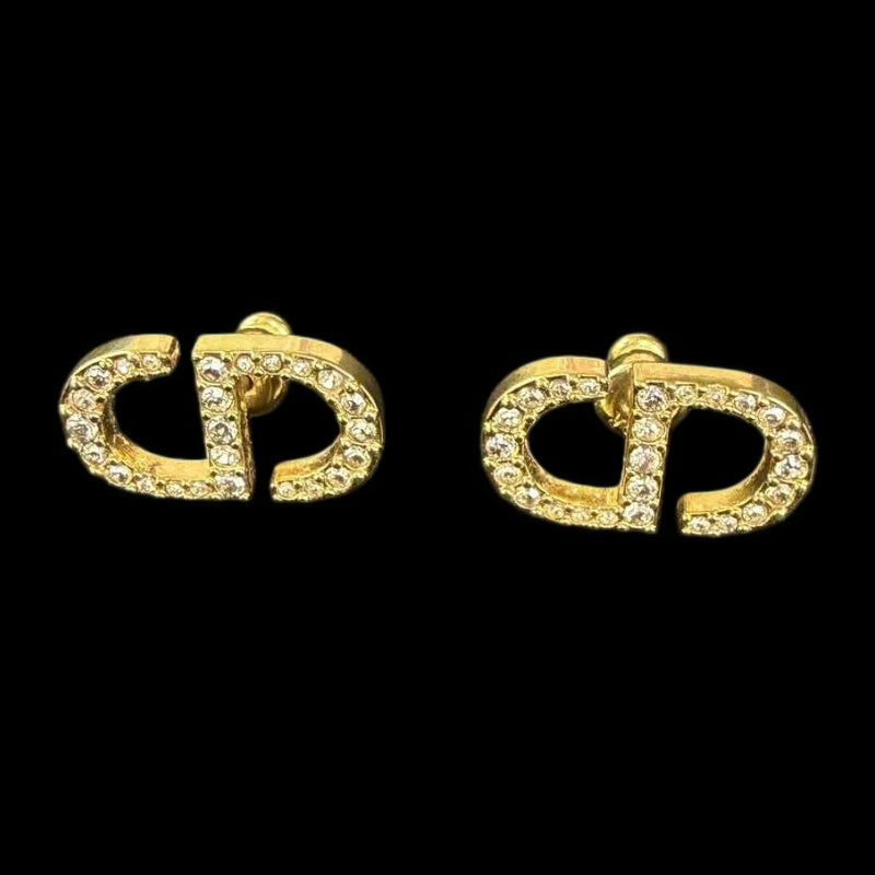 DIOR DIOR CD Logo Rhinestone Stud Earrings, Gold Hardware, With Original Box & Dust Bag, DIOR Gold Rhinestone-Set Alloy Stud Earrings