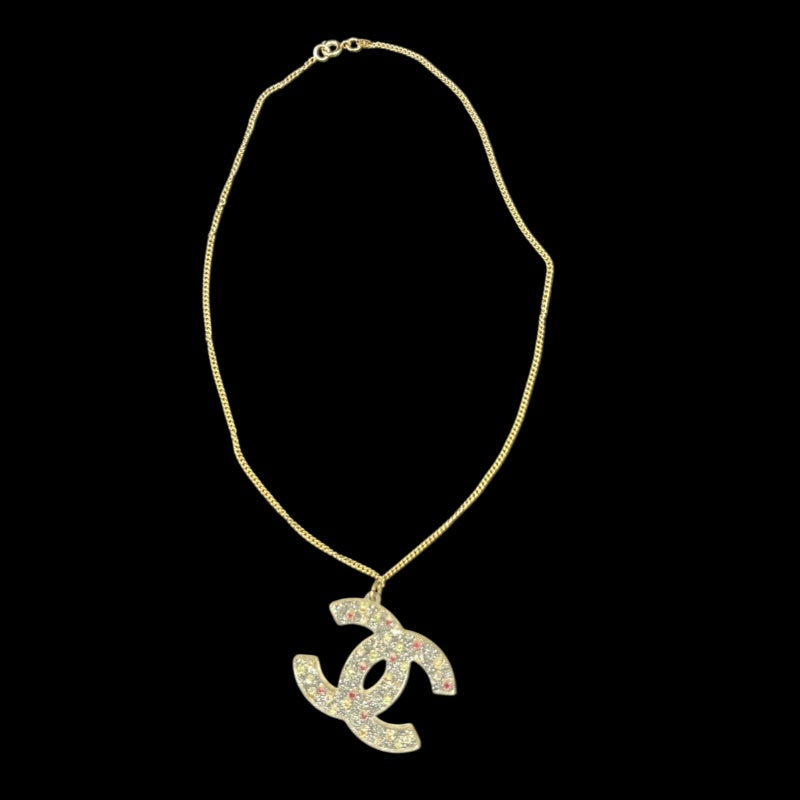 CHANEL CC Logo Necklace Accessory Gold Metal Chain Multi-color Rhinestone Large Pendant Retro Glam Design