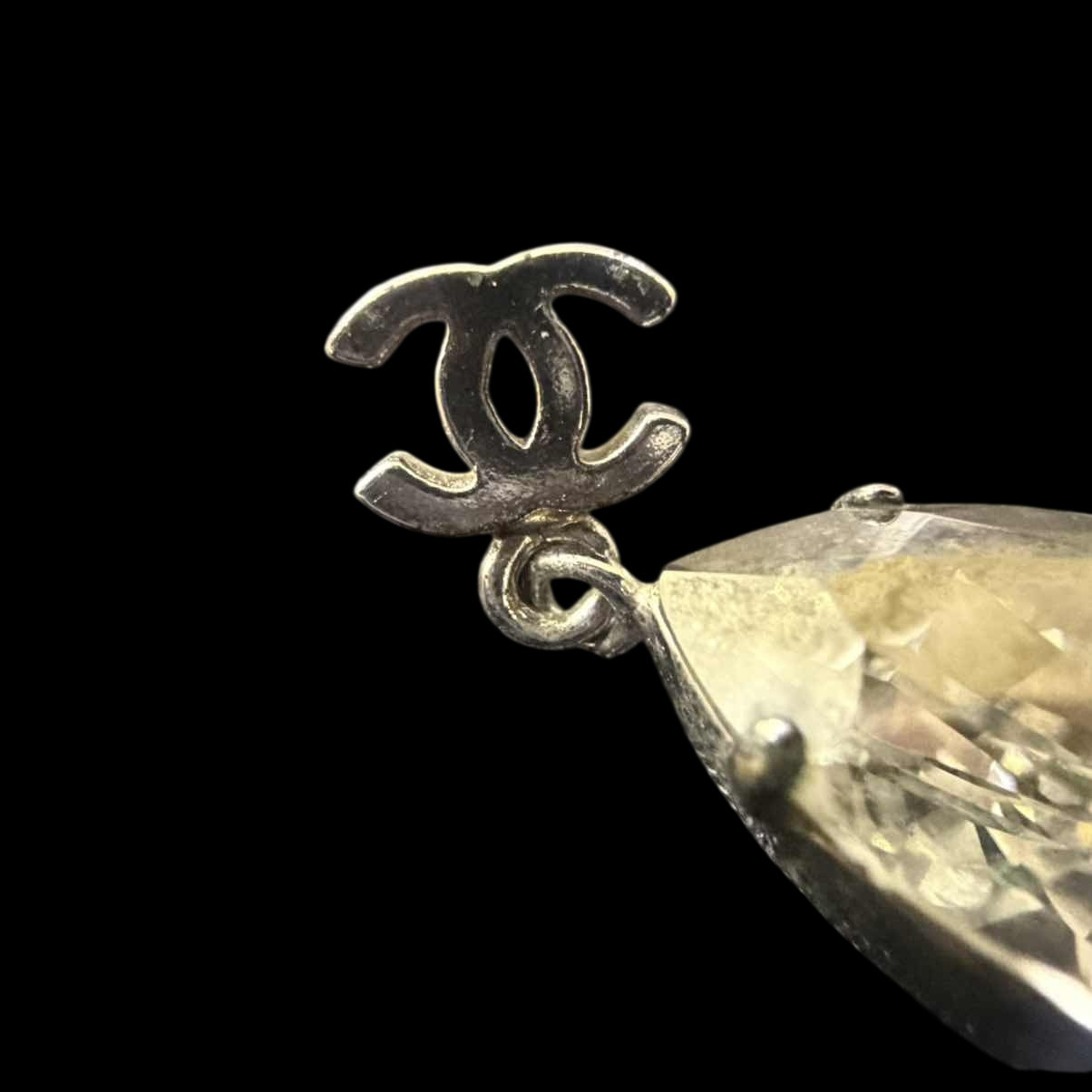 CHANEL CHANEL Coco Mark Rhinestone Earrings, Silver Hardware, With Comments, CHANEL Silver Alloy Drop Earrings