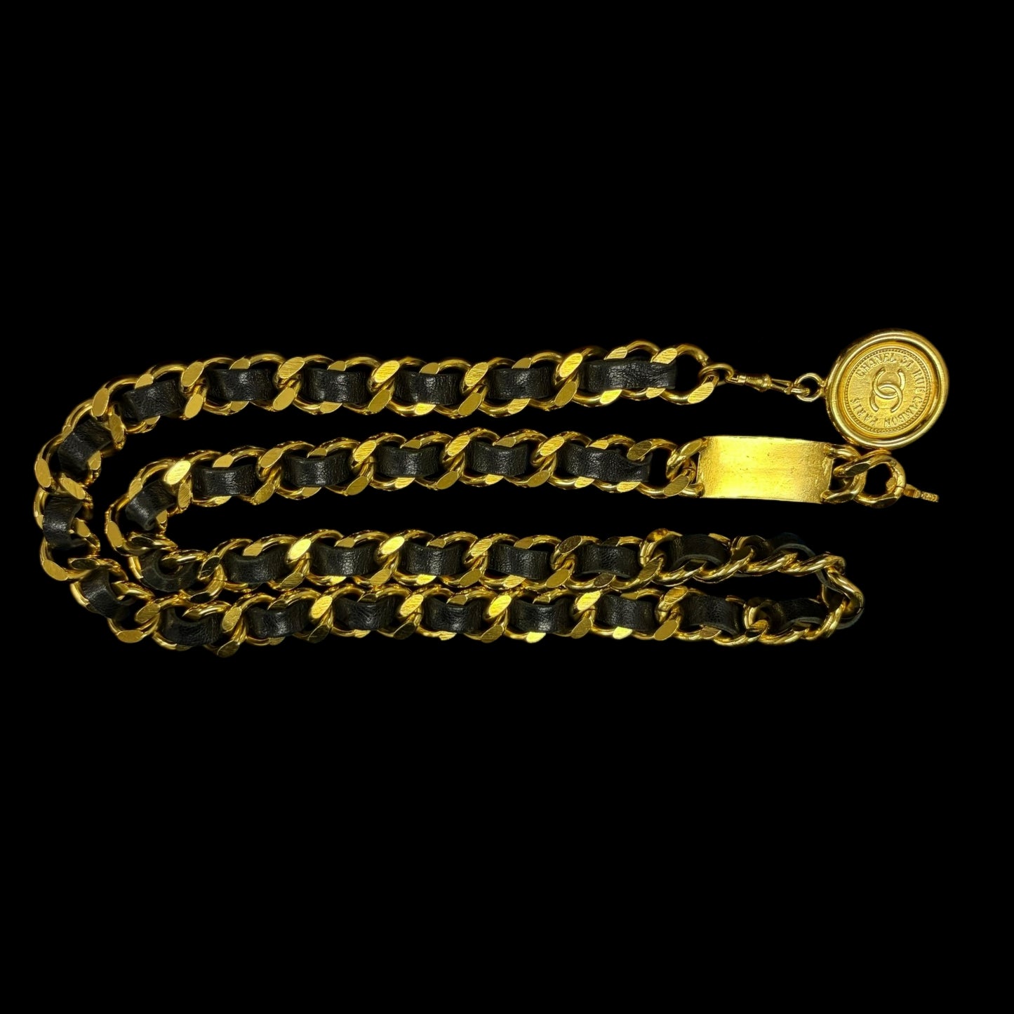 CHANEL Classic Lambskin Interwoven Chain Belt Black Leather Gold Hardware CC Logo Round Coin Pendant Vintage Iconic Elegant Outfit Accesory