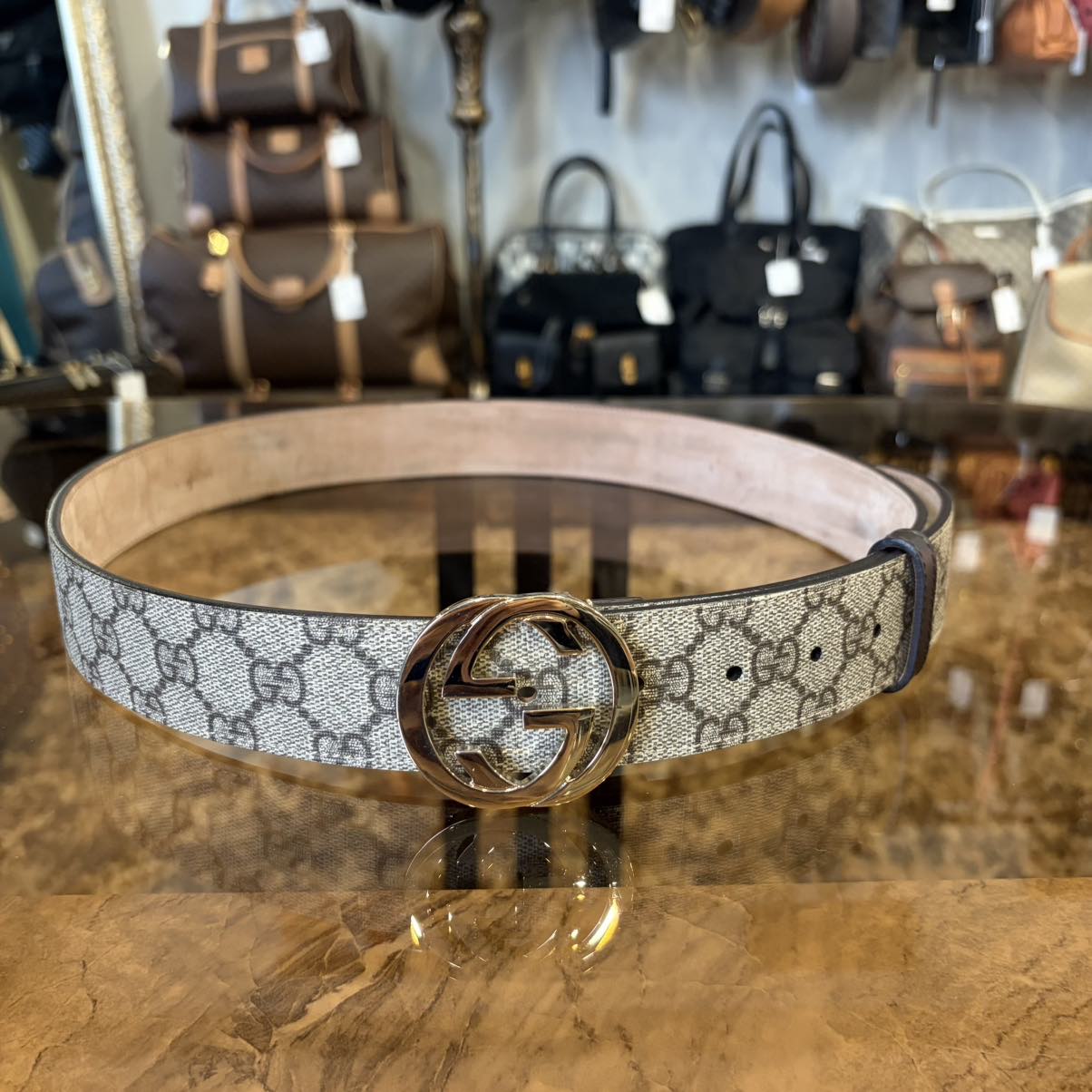 GUCCI Interlocking G GG Supreme Brown PVC Belt With Gold Hardware, Comes With Original Dust Bag