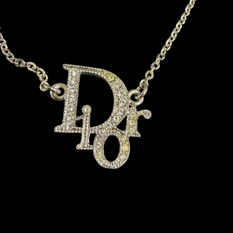 DIOR Dior Logo Pendant Necklace Rhinestone Silver Alloy Hardware