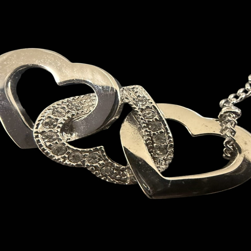 DIOR Heart CD Logo Pendant Necklace Rhinestone 925 Sterling Silver