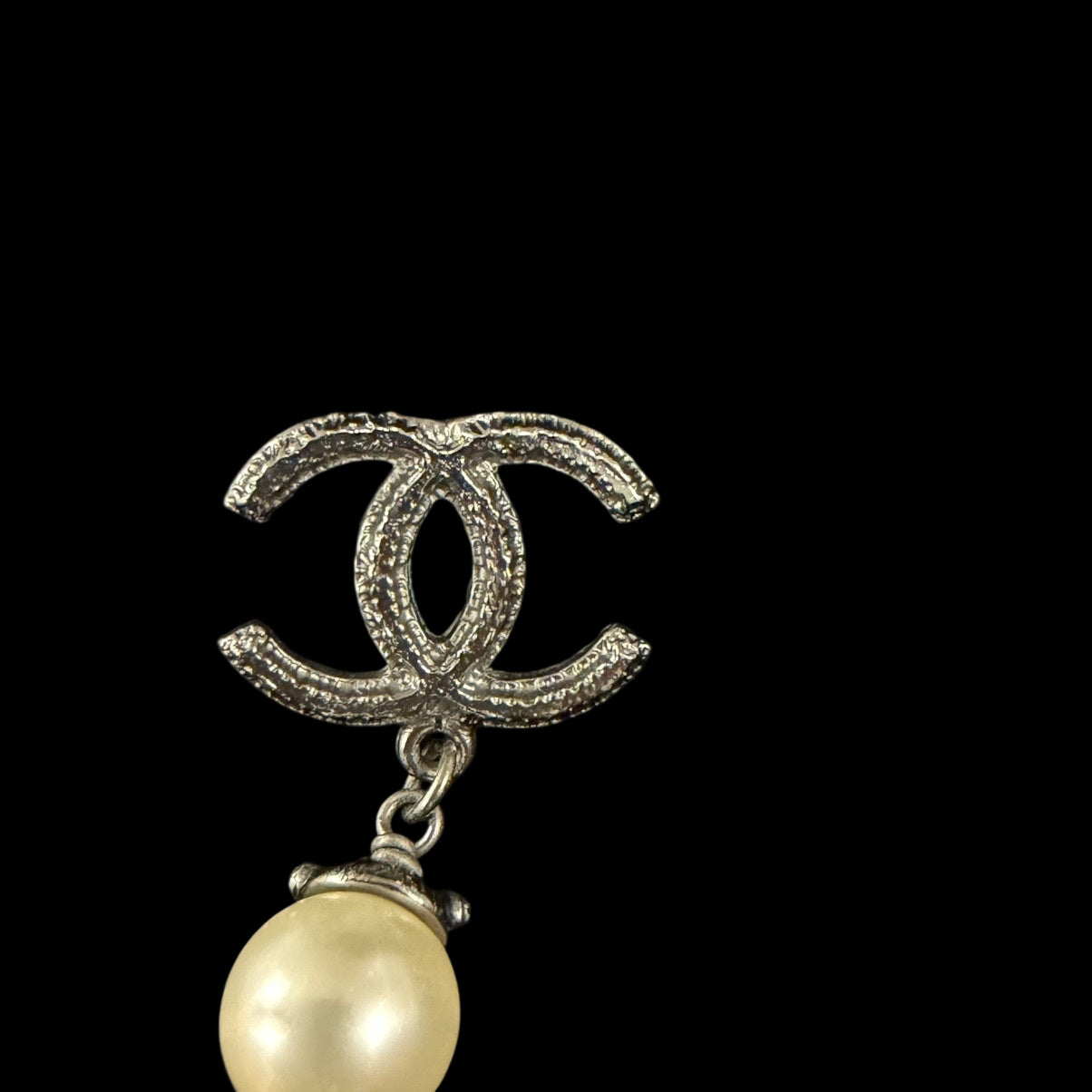 CHANEL Silver Alloy Faux Pearl Double CC Drop Earrings With Silver Hardware