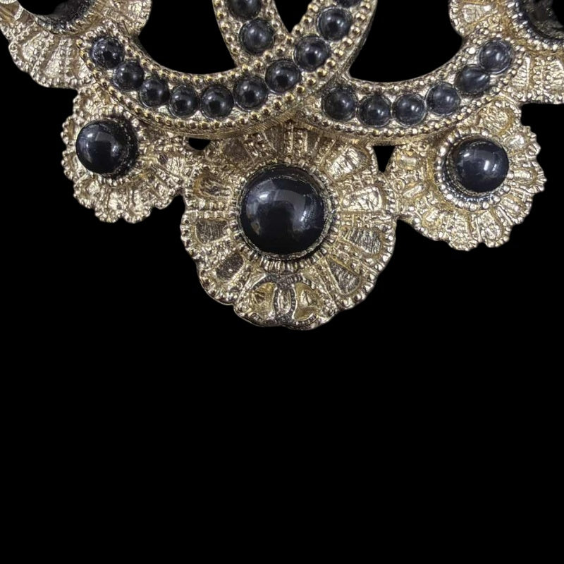 CHANEL CC Logo Brooch Accessory Gold Tone Metal Black Pearl Full Stone Inlay Vintage Elegant Design