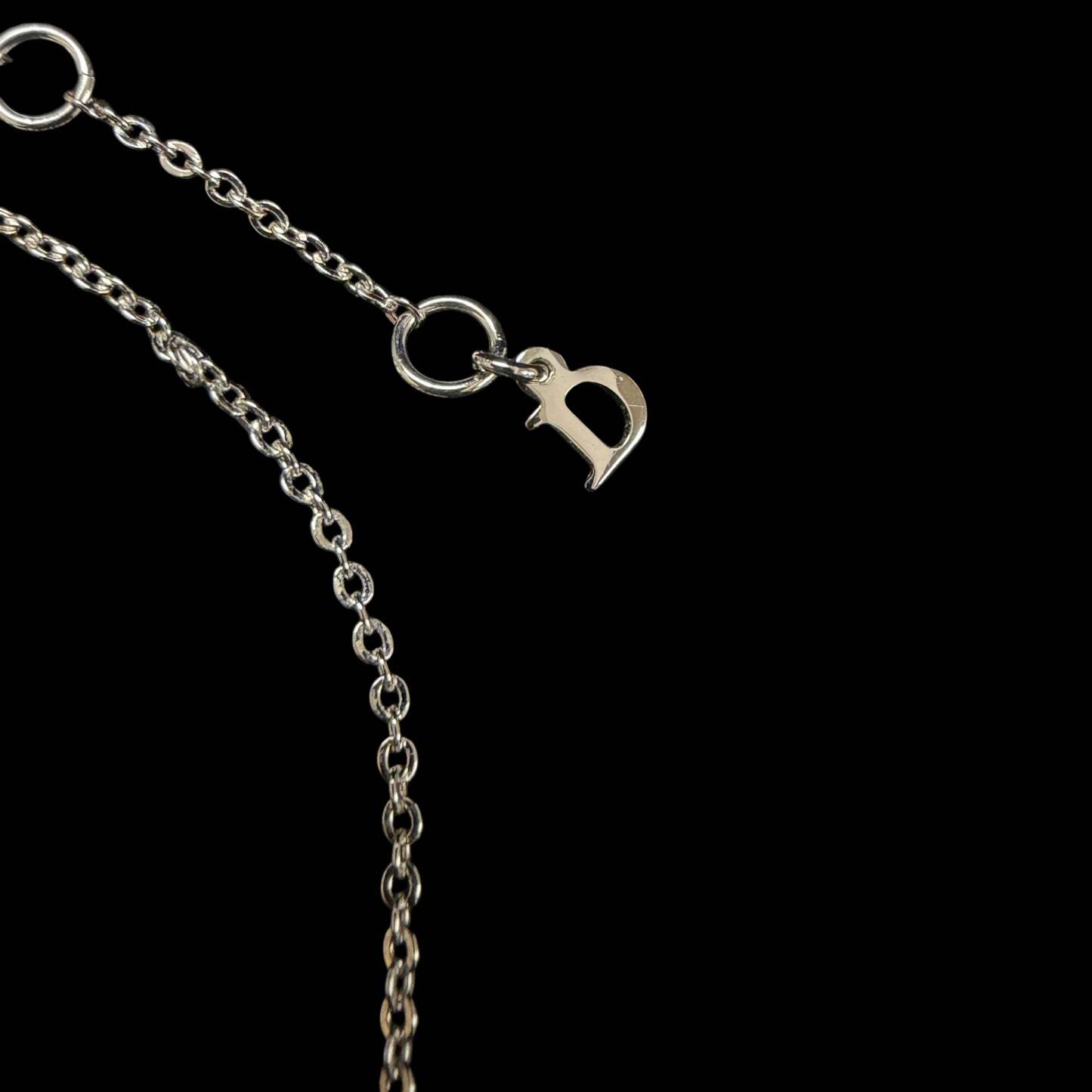 CHRISTIAN DIOR Flower & Letter Crystal Inlay Necklace Gold Tone Metal Thin Chain Adjustable Clasp Elegant Cute Design Full Set with Original Box and Dust Bag