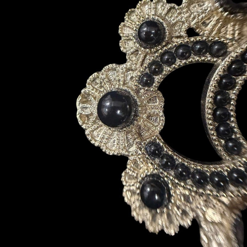 CHANEL CC Logo Brooch Accessory Gold Tone Metal Black Pearl Full Stone Inlay Vintage Elegant Design