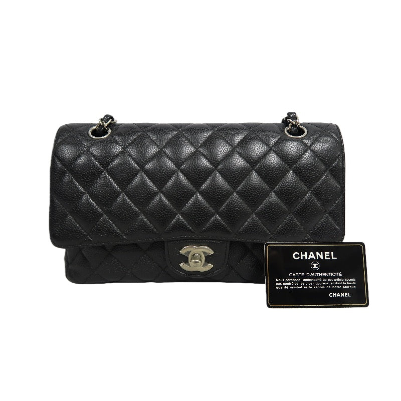 CHANEL Classic Matelasse Black Caviar Leather CF Flap Shoulder Bag With Silver Hardware