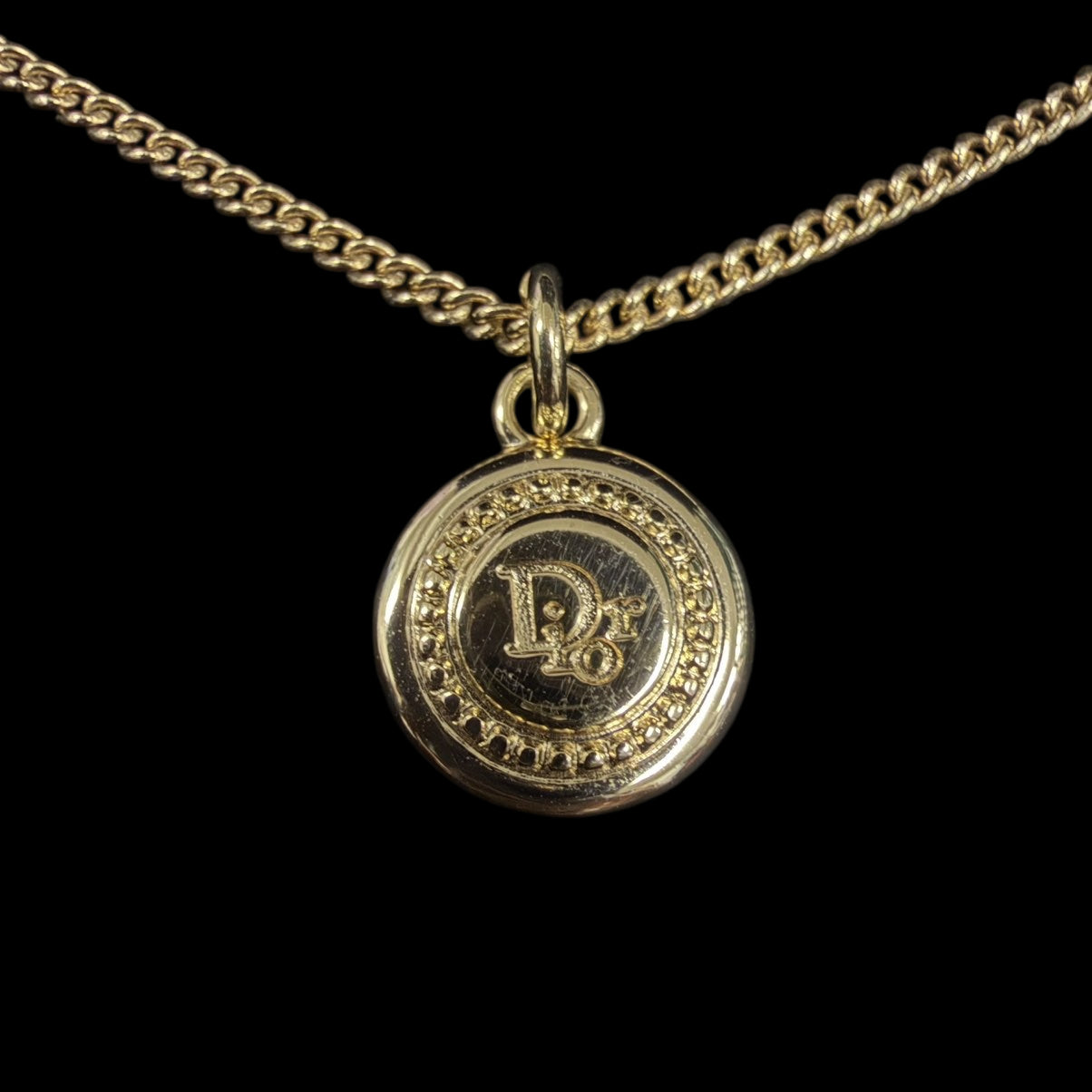 DIOR Gold Alloy Circular Embossed CD Logo Pendant Necklace